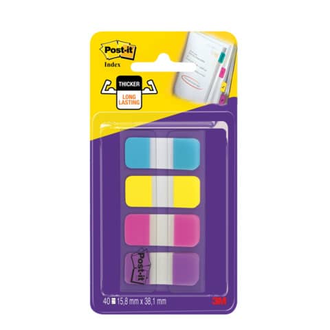 Segnapagina removibili Post-it® Index Strong Mini con dispenser - 4 blocchetti da 10 ff - turchese-giallo-rosa-viola